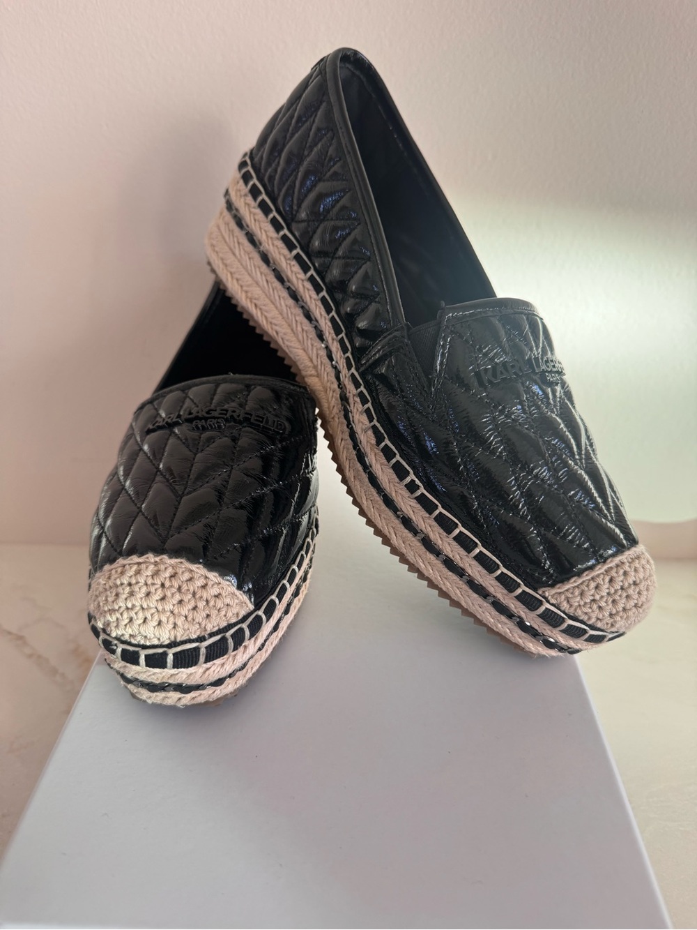 Karl Lagerfeld Quilted Black Platform Espadrilles with Crochet Toe